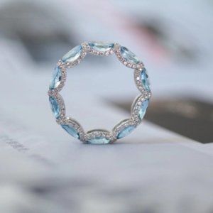 2pc 925 Sterling Silver Aquamarine Sea Blue Diamonds Gemstone Princess Rings